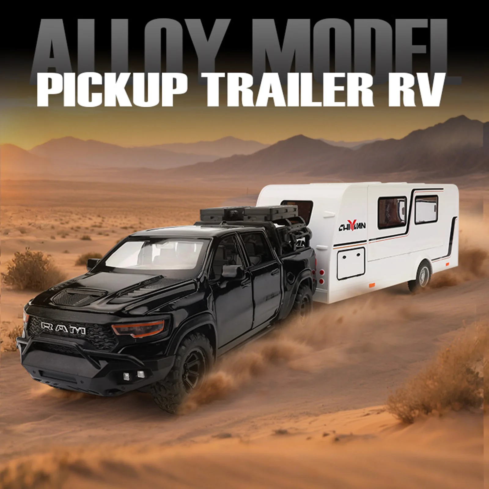 1:32 Mammoth Trailer RV Alloy Off Road Car Model Table Set Pendulum Power Back Sound and Light Toy