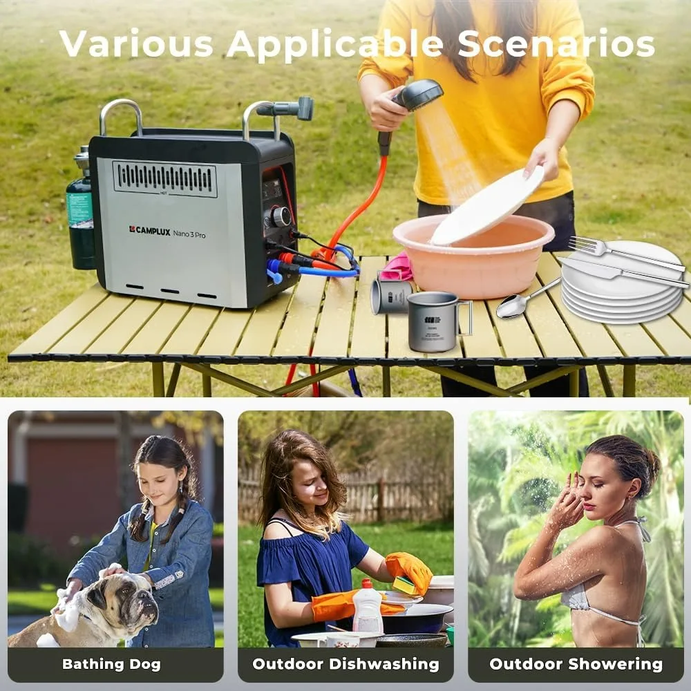 سخان مياه محمول من البروبان ومضخة دش مع بطارية مدمجة للتخييم، تصميم مدمج