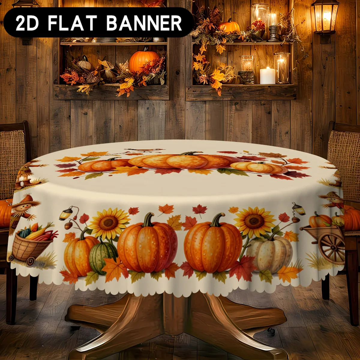 One autumn Thanksgiving-themed square/round polyester tablecloth, featuring harvest pumpkins and farm barnszyc