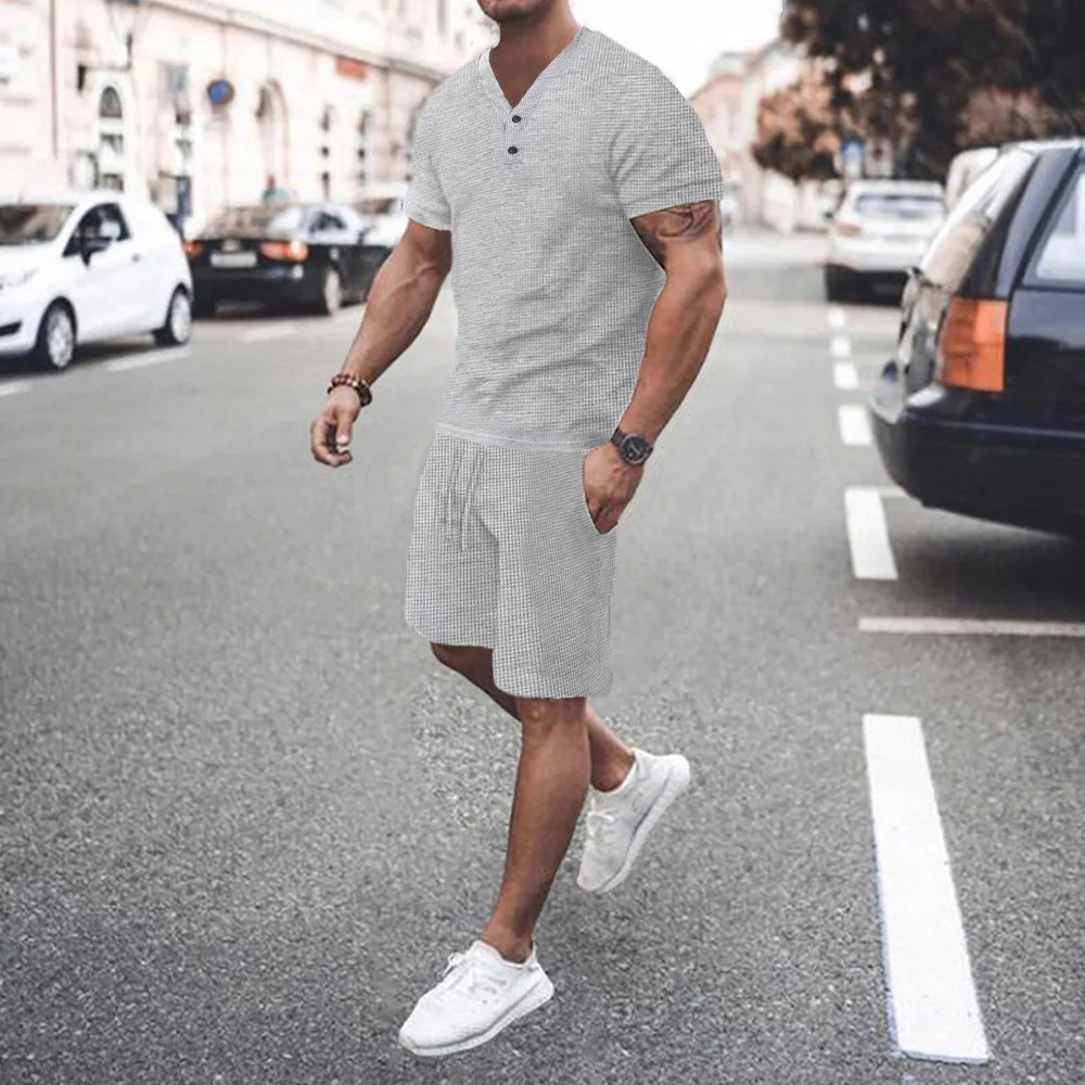 Breathable Monochrome Fitness Suit, Waffle V-Neck T-Shirt, Casual Sports Shorts, Simple Trend, Summer, New, 2022