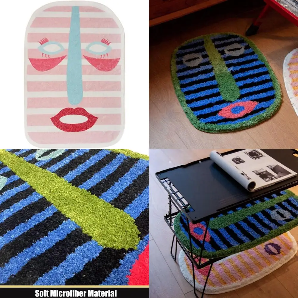 

ultra-soft striped bath rugs with whimsical human face design for stylish bathroom and living spaces