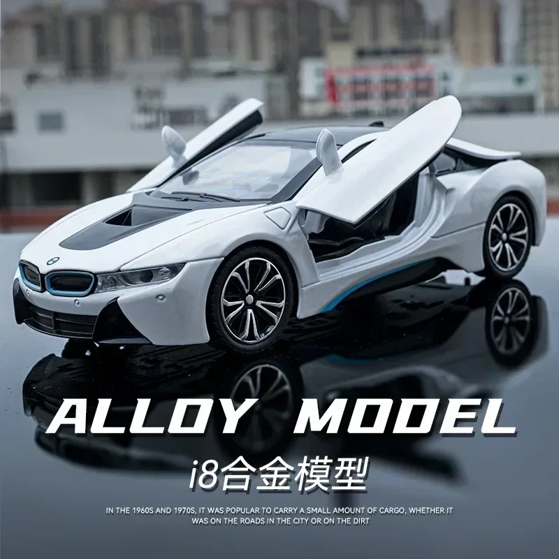 1:22 BMW I8 auto sportiva alta simulazione pressofuso in lega di metallo modello di auto suono luce tirare indietro collezione giocattolo per bambini regali