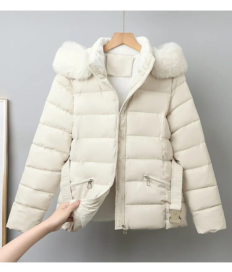 Winter Solid Color Long-sleeved Fur Collar Hooded Short Down Cotton Jacket Women's Slim Winter Thickened Versatile Warm Jacket