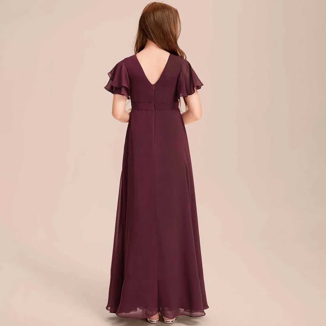 YZYManual-Chiffon Júnior dama Dress, Cascading Ruffles, A-Line colher, até o chão, 2-15T