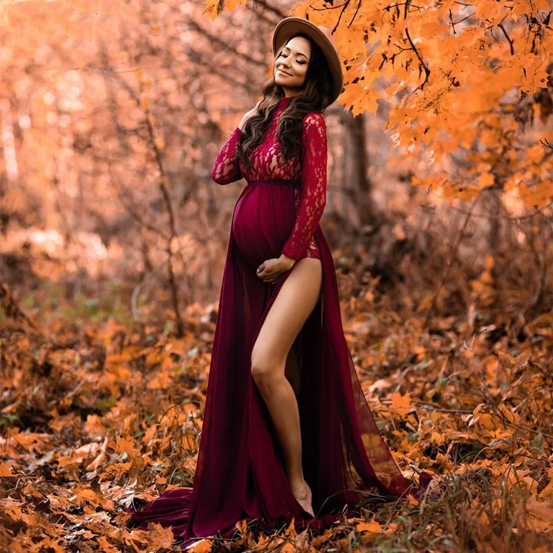Maternity Dresses for Photo Shoot Long Sleeve Bodysuit+High Split Pregnancy Maxi Gown Chiffon Dress Baby Shower Photography