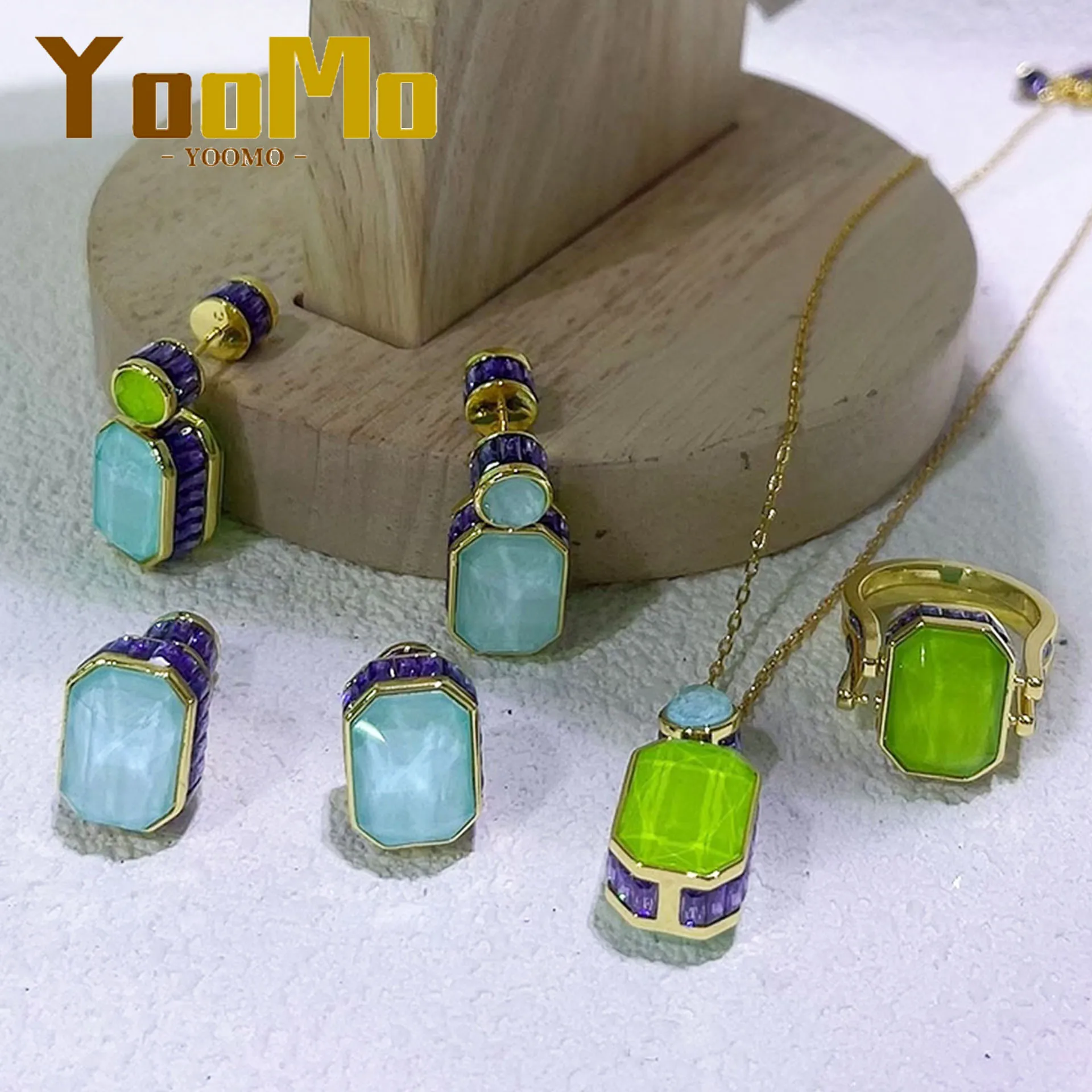 

Двустороннее ожерелье, серьги, кольцо, браслет, ювелирные изделия с цветными кристаллами, зеленый, синий, комбинация, подарки высокого качества для женщин