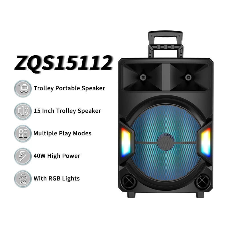

ZQS15112 15" Bluetooth 5.0 Speaker 40W 3600mAh Battery Trolley Subwoofer RGB Light & Display