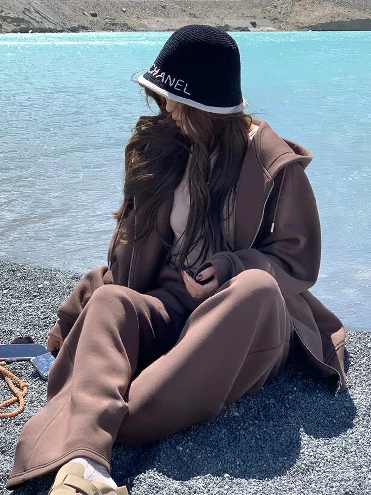 

Корейский повседневный женский спортивный костюм в стиле Lazy Style: утепленные флисом брюки с широкими штанинами и худи на молнии с длинными рукавами, комплект из двух предметов