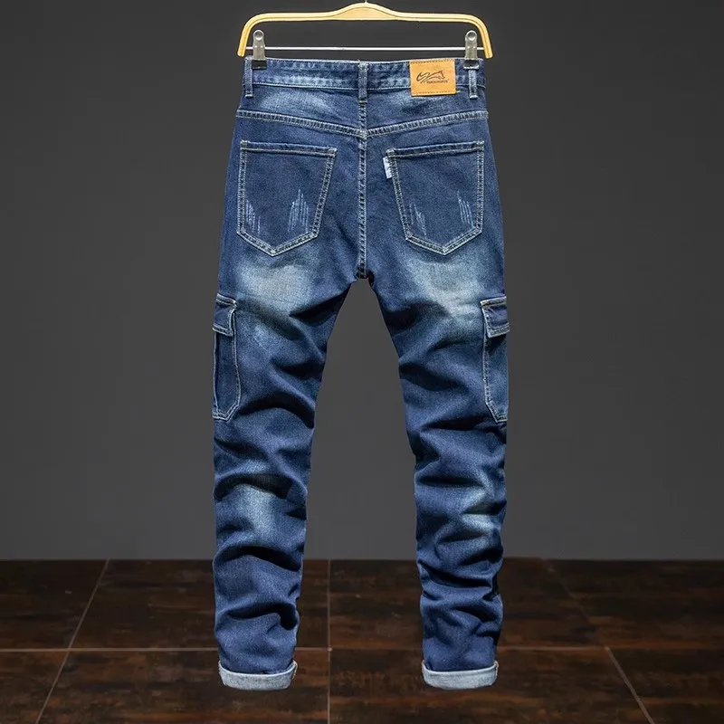 New autumn and winter models Men's blue stretch jeans Direct and stylish loose multi-pocket jeans for men Large size 28-44