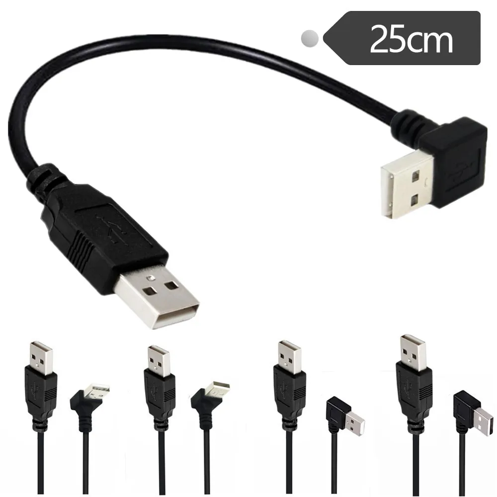 Double 90 Degree Left Right Up Down Angle USB Male To Male Adapter Extension Cable Fast Charging Data Cord 0.25m 0.5m 1.5m