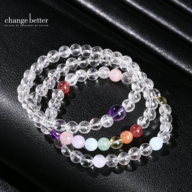 Natural Stone Rock Quartz Mixed Bead Bracelets Women Round Bead Clear Crystal Stone Elastic Bracelet Reiki Healing Jewelry Femme