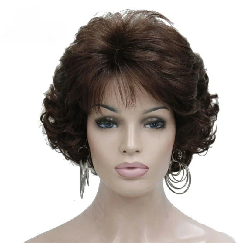 

Ladies Brown Short Women's Wavy Curly Synthetic Hair Full Wig