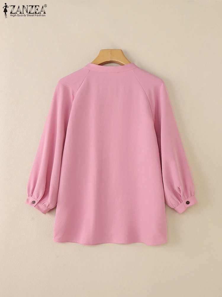 ZANZEA Women Casual 3/4 Sleeve Blouses 2025 Autumn Half Buttons Round Neck Blusas Mujer Everyday Wear Solid Color Tops