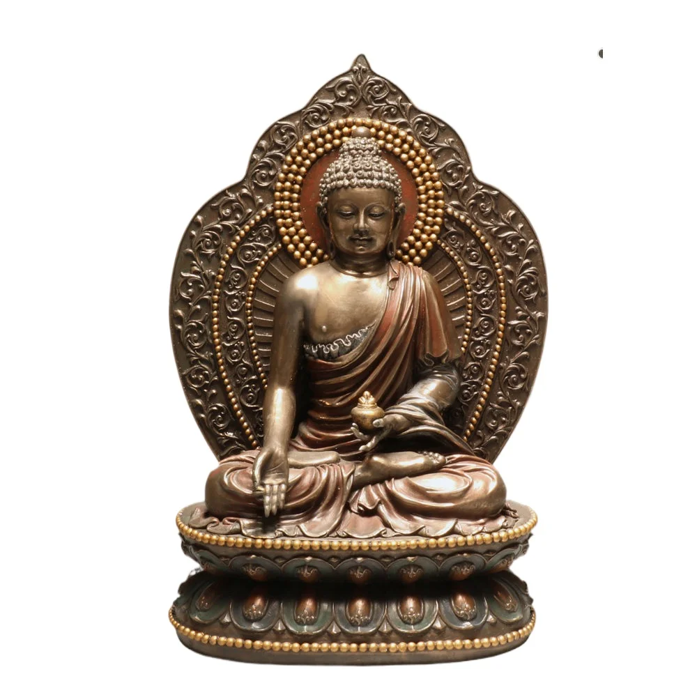 Medicine Buddha Resin Statue Tibetan Buddhism Figurine Lotus Base Religious Sculpture Home Altar Spiritual Decorative Ornament