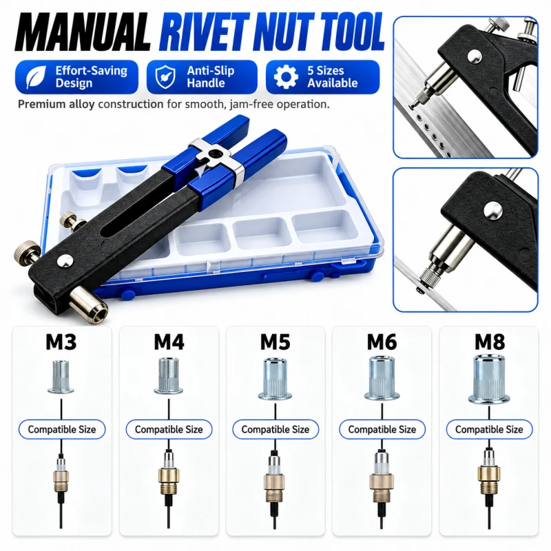86Pcs Manual Rivet Nut Gun Set, Factory-Grade Hand Nut Gun, Riveting Tool, Multifunctional Riveting Kit, for Metal Plates