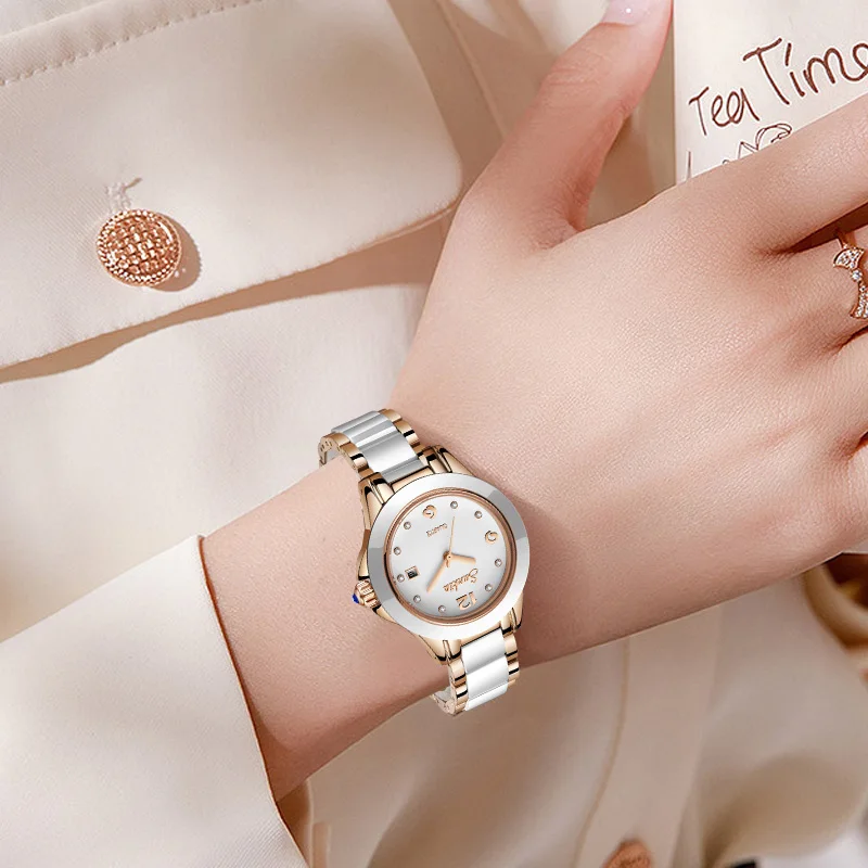 Sunkta Mode Lässig Quarz Frau Uhr Elegante Luxus Keramik Diamant Kalender Wasserdichte Damen frauen Uhren Montre Femme