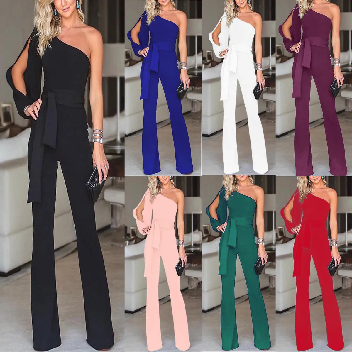 Spring 2024 Sexy High Waist Belted Single oulder Pure Color Slim Fit Jumpsuit Women's Cross-Border Street Sle Casual Pants