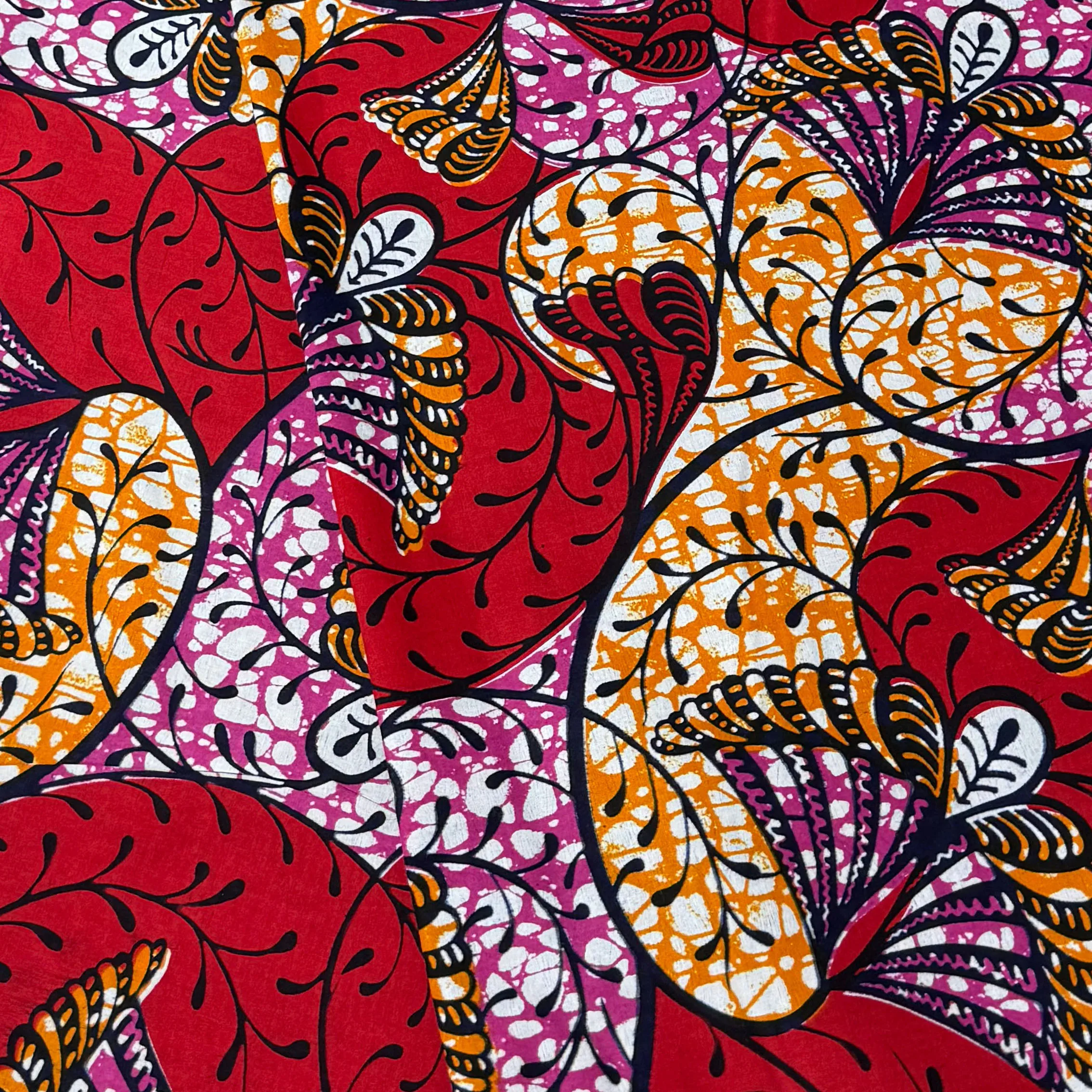 Super African wax Print Fabric Large Leaf Floral Ankara 100% Cotton 6 Yards Red Orange Pink Pagne Cloth For Women Dress Sewing