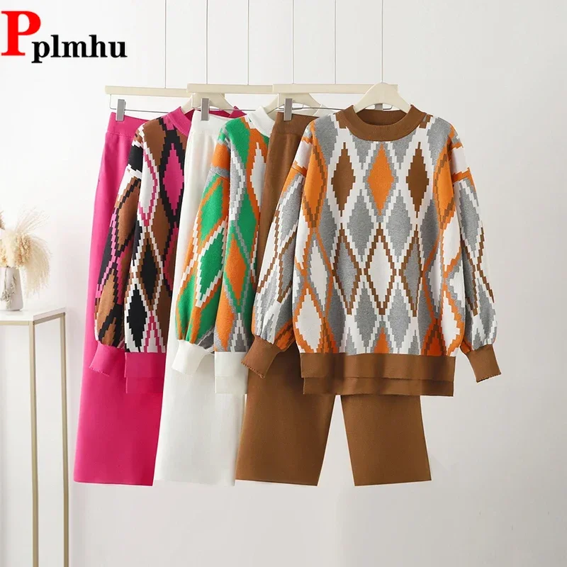 

Vintage Casual Knitted Women 2 Piece Sets korea High Waist Baggy Wide Leg Pants Outfit New Plaid Elegant Sweater Tops Conjunto