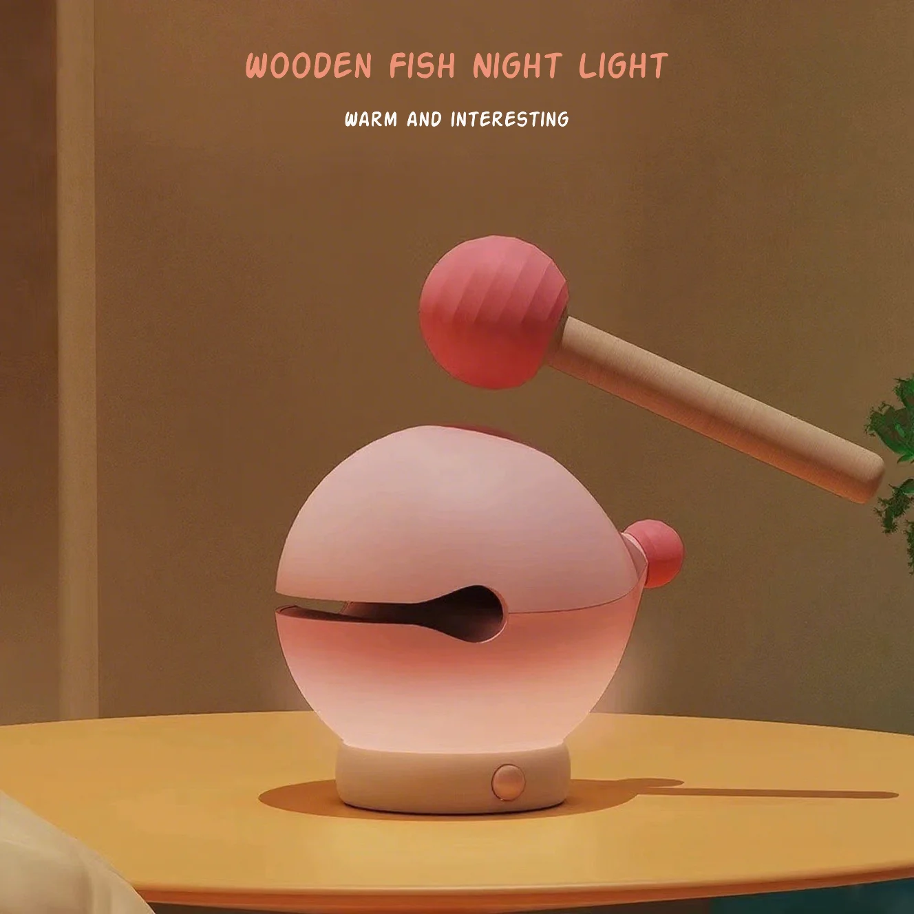 Wooden Fish Night Light Knock Activated Color Changing Dimmable USB-C Rechargeable Mood Lamp for Stress Relief Kid Bedroom Decor