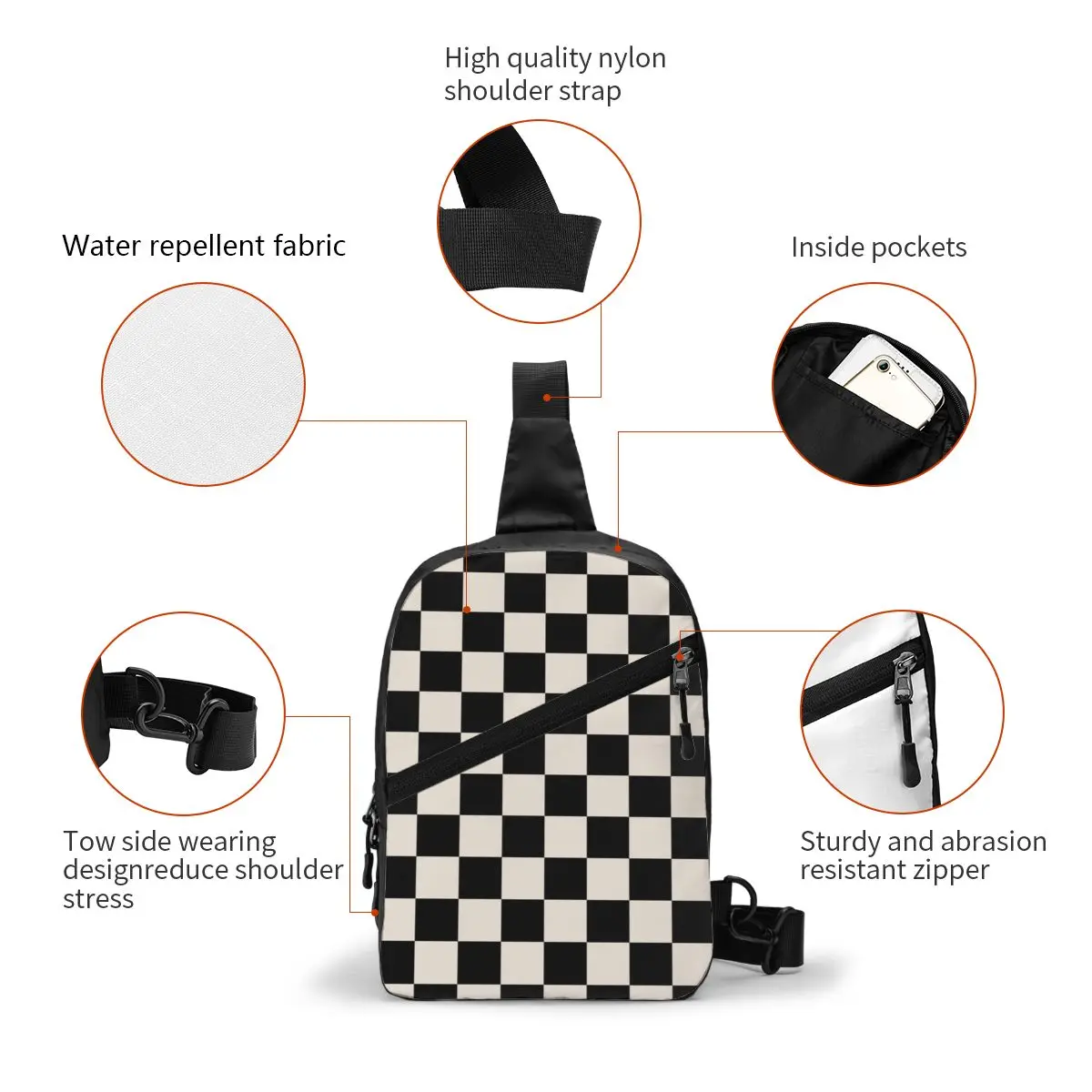 Personalized Checkerboard Pattern Plaid Black And Linen White Sling Bag Cool Shoulder Chest Crossbody Backpack Traveling Daypack