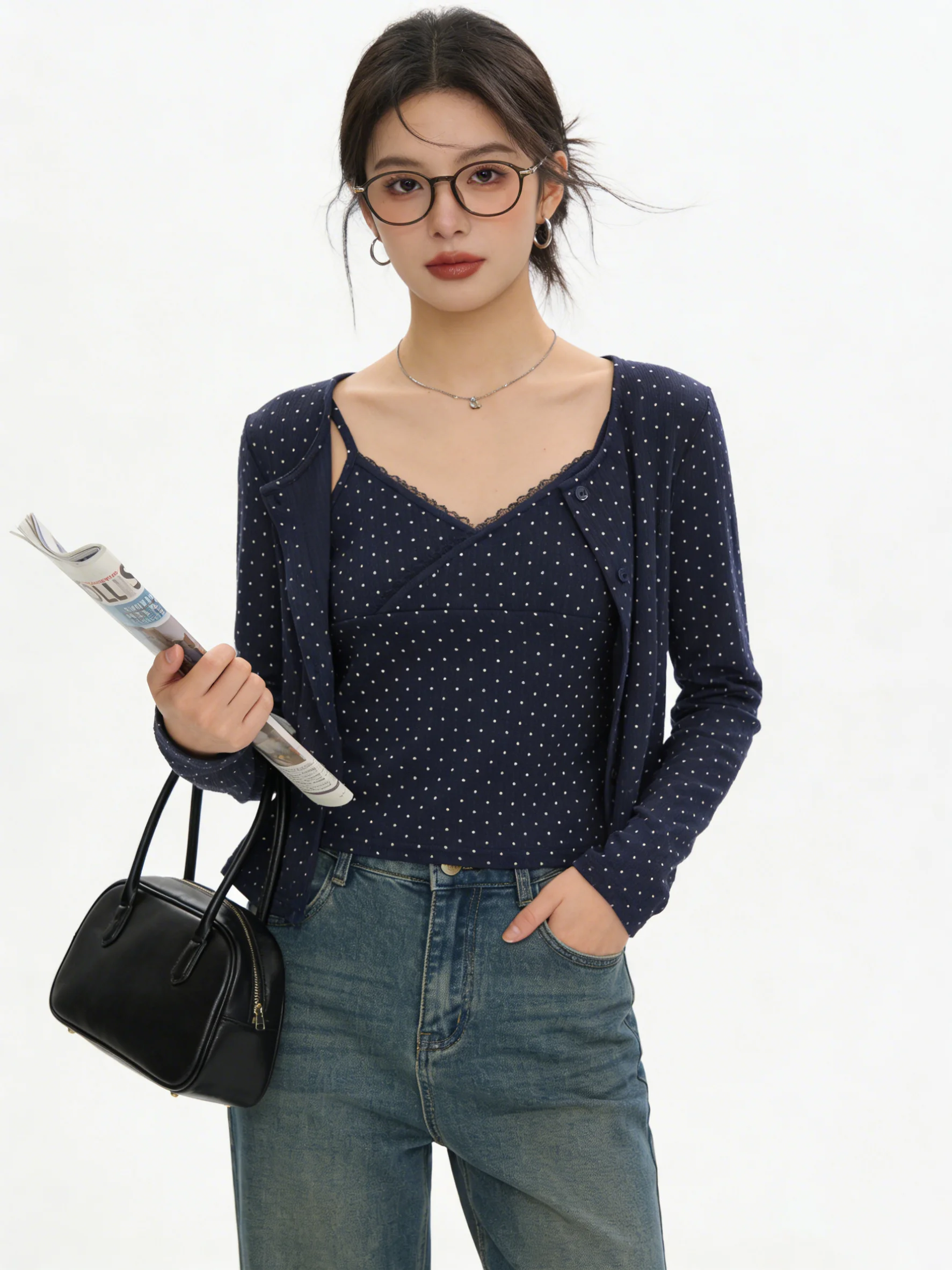 

Skin-friendly Polka Dot Short Open Cardigan Jacket Summer Vintage Lace V-neck Vest Layered Set Commute Versatile Fashionable ...
