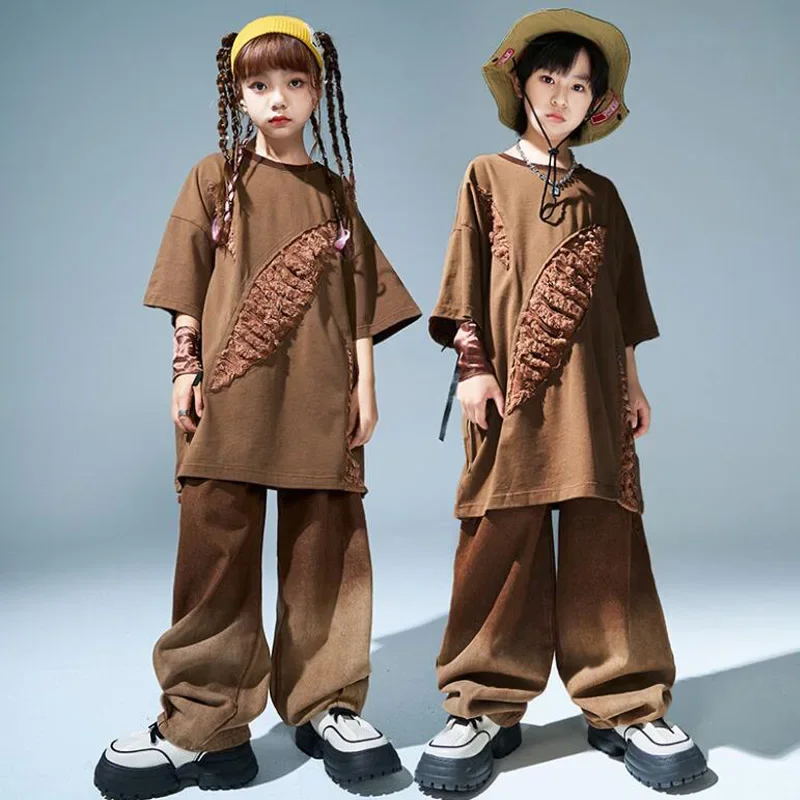 Hip Hop Girls Boys T-shirt Street Dance Loose Cago Pants Shorts Child Solid Showing Clothes Sets Kids Stagewear Jazz Costume