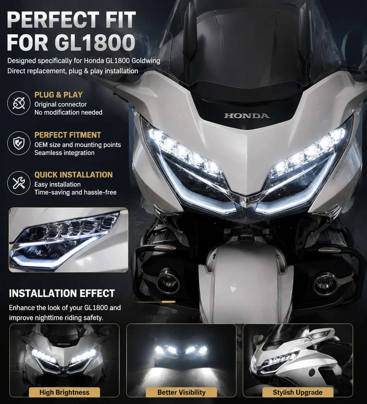 Fit For 2018 - 2026 Honda Goldwing GL1800 Motorcycle Headlight Headlamp GL 1800 2019 2020 2021 2025 Gold Wing Head Light