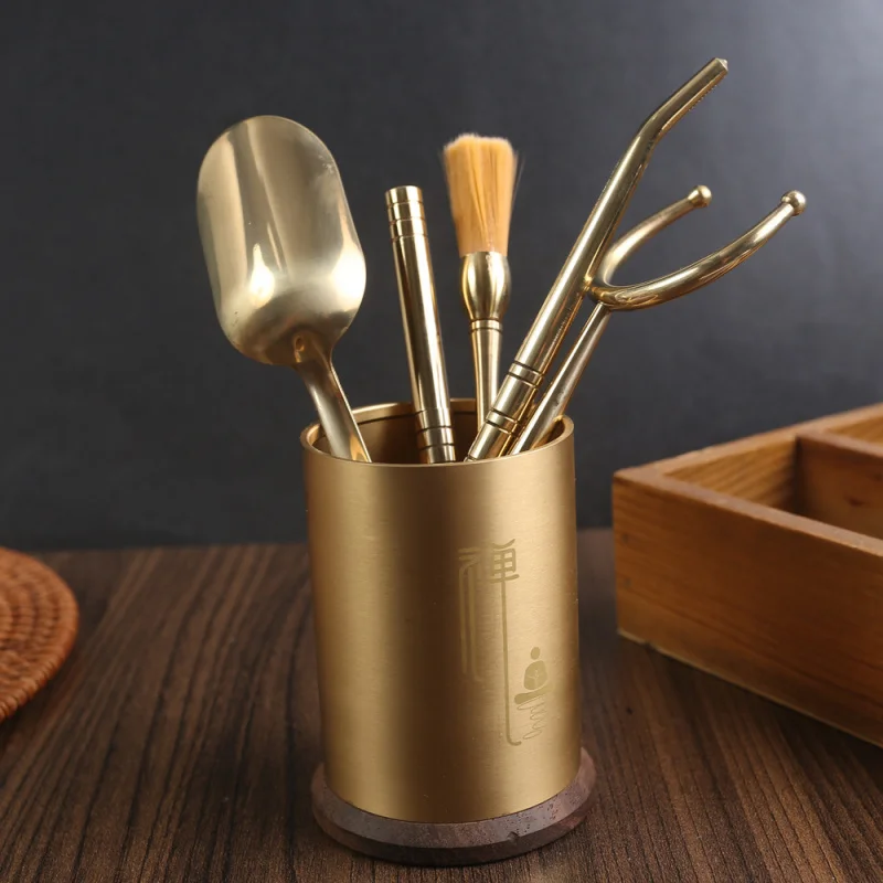 Pure Copper Tea Ceremony Six Items Set Tea Set Tea Clamp Tools Tea Making Office Kombucha Pure Copper Tea Knife Tea Brush