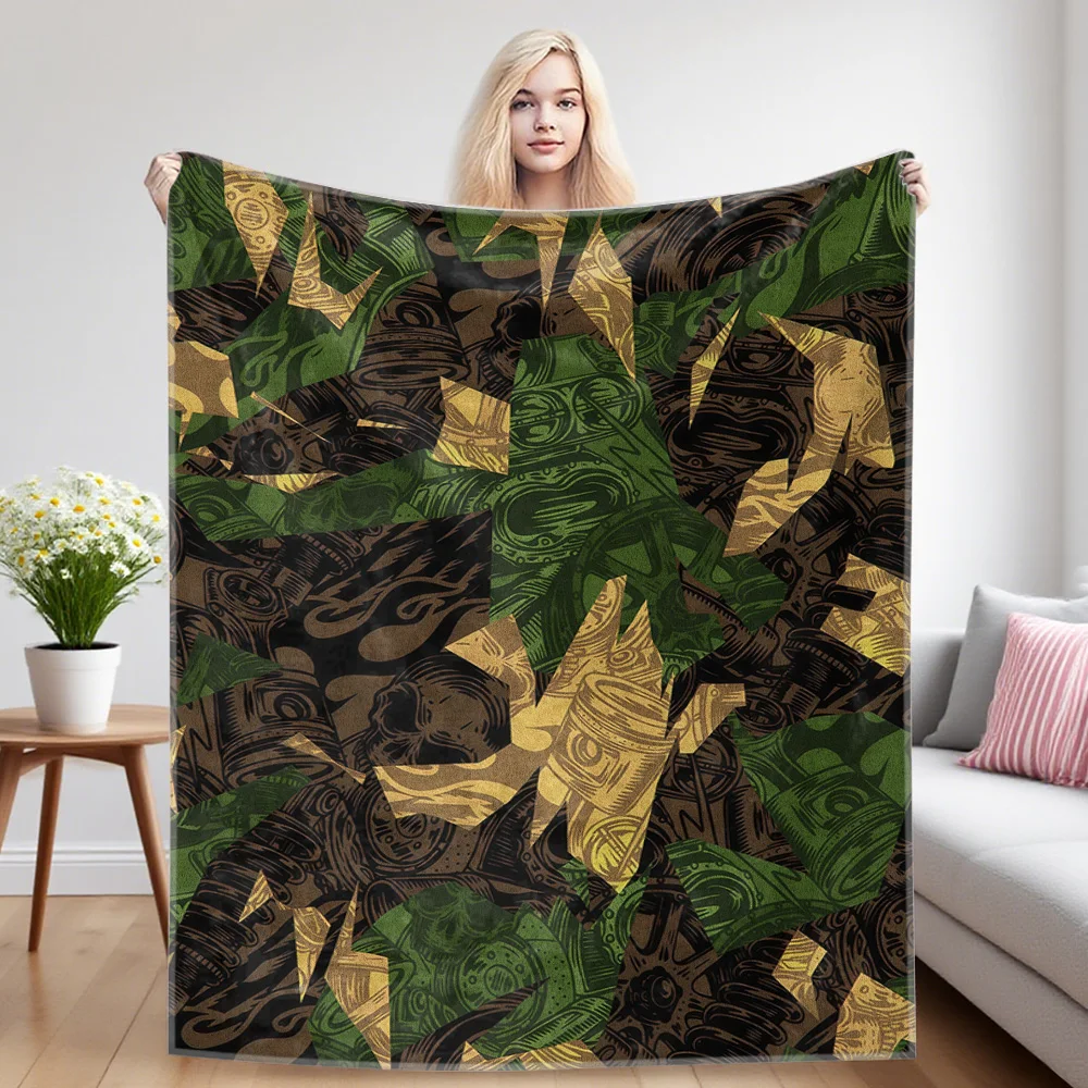 Skull Camo Print Flannel Blanket, Ultra-Fine Fiber, All Season Luxurious Fluffy Blanket Suitable For Beds Or Sofas
