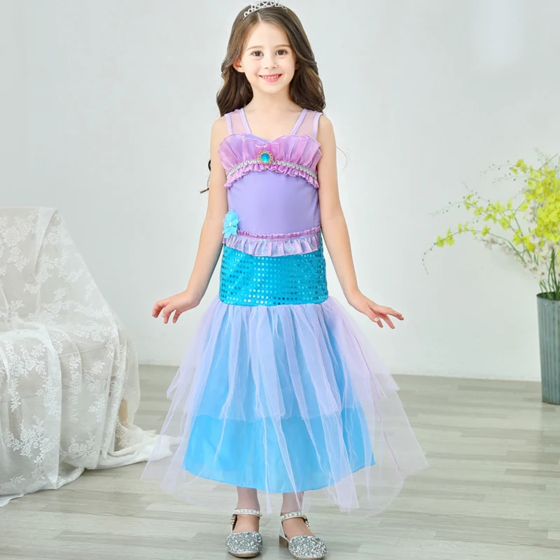 Toddler Girls Mermaid Dress Glitter Tutu Spaghetti Strap Long Pageant Little Girls Ruffle Princess Halloween Costume 3-10Y