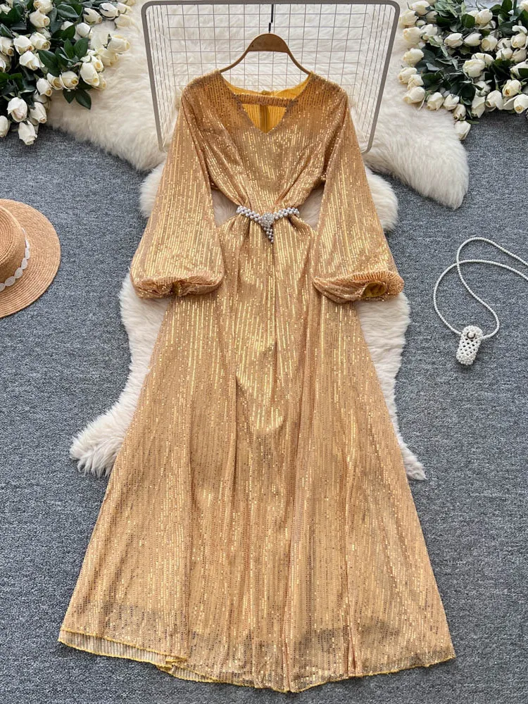 فستان أنيق بتصميم مجوف وأكمام فانوس مع حزام ربط عند الخصر، فستان نسائي طويل الأكمام بخصر مرتفع وتصميم A-line للصيف