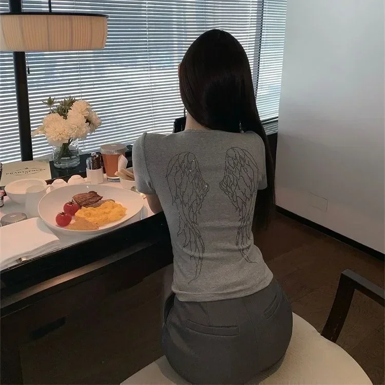Koreaanse Engelenvleugels T-shirts Vrouwen Print Diamond White Crop Y2K Tops Zomer Harajuku Streetwear Korte Mouw Slanke Tees Kawaii