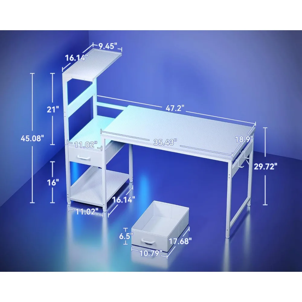 LED-Illuminated 48 Reversible Modern Gaming Desk with Storage and Fabric Drawers, featuring Display Shelves for Enhanced Compute