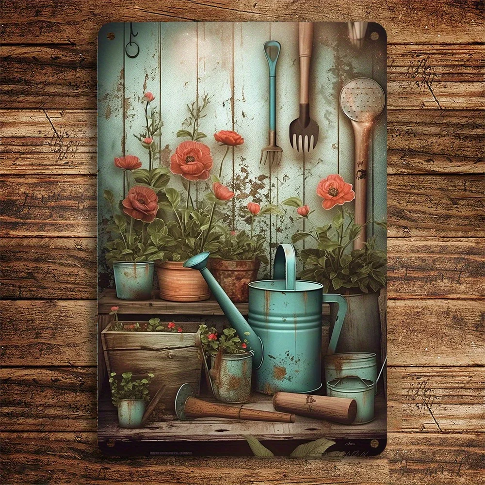 2D Flat, 2D, flat,, Gardening Tools & Floral Metal Tin Sign Vintage Watering Can & Garden Implements Wall Art Rustic Poster,