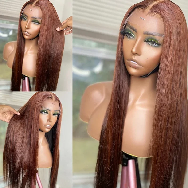 ブラウン-26-インチ-180-密度シルキーストレート-13-4-1-レースフロントウィッグ女性用ベビーヘア合成グルーレス日常着用ウィッグ