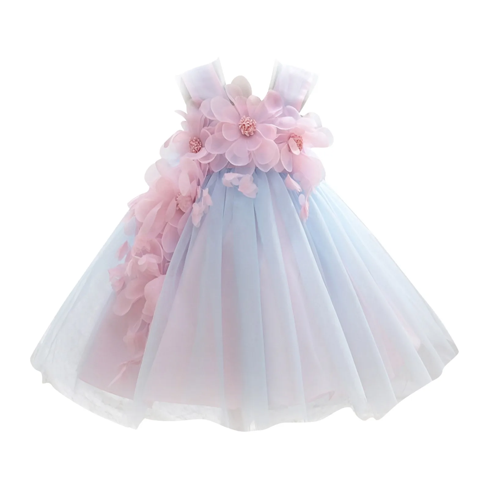 Toddler Girl Flower Birthday Tulle Dress Backless Bow Wedding Gown Kids Party Wear Princess Blue Dress Baby Girl Bowknot Dresses