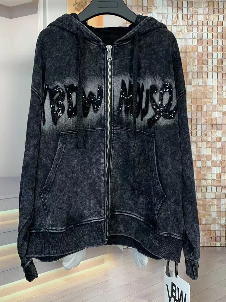 2025 Autumn Winter New Loose Cartoon Sweatshirts Women Fashion Heavy Embroidery Cartoon Hoodie Jacket Streetwear Women