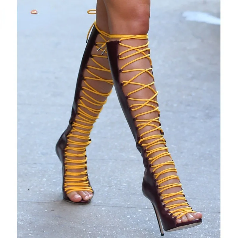 

Женские сандалии выше колена с открытым носком и перекрестной завязкой, ботинки на высоком каблуке-шпильке со шнуровкой, дизайн, модная обувь большого размера для показа