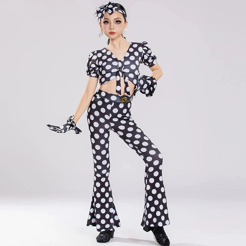 Girls Latin Dance Costume Set Polka Dot Short Sleeve Crop Top Flared Pants Chacha Samba Dance Performance Practice Outfit 6126