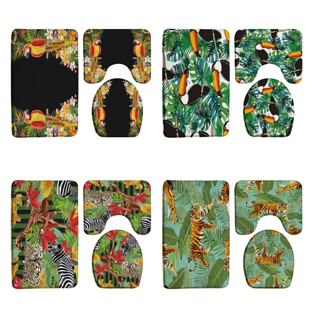 

Parrot Bath Mat Set Tropical Jungle Palm Tree Green Leaves Colorful Bird Bathroom Rug Toilet Seat Lid Cover Non Slip Doormat Pad