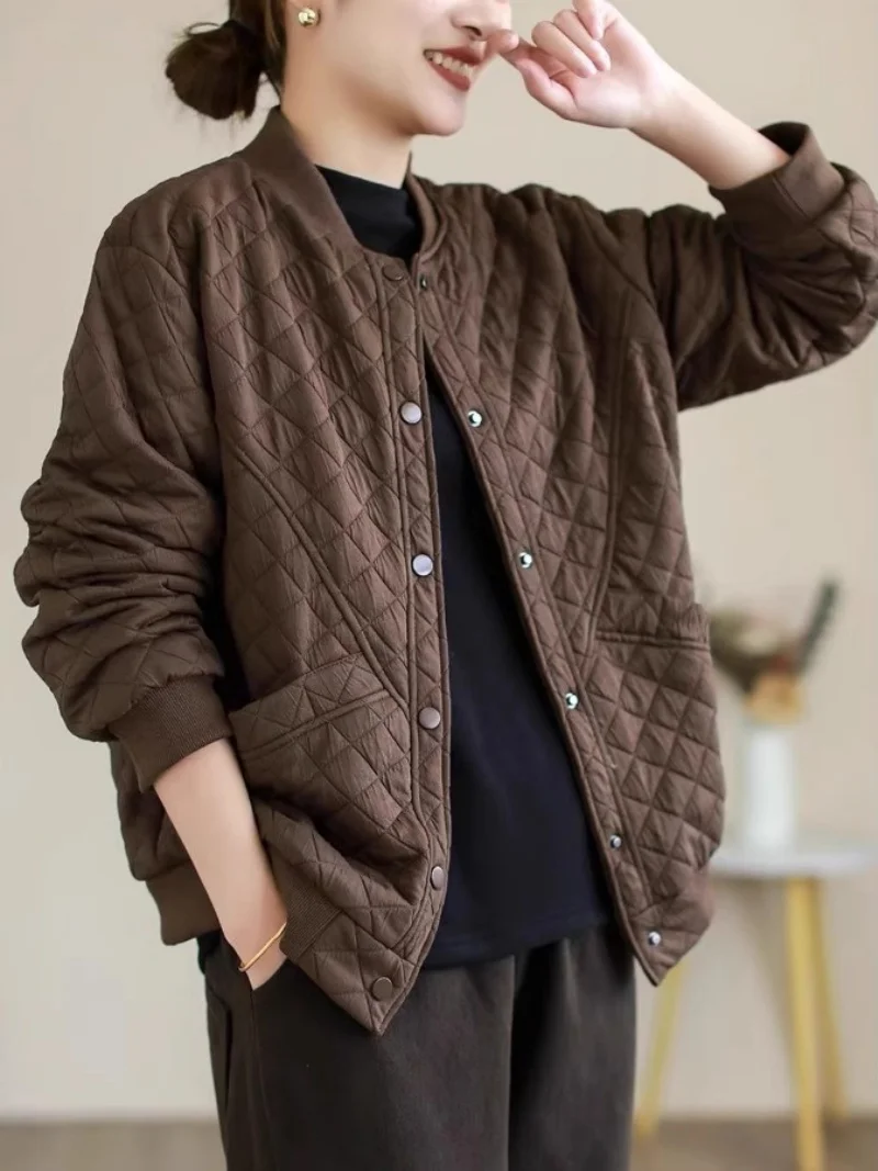 Baseball Collar Thin Cotton Jacket 2025 Autumn/Winter Artistic Retro Pure Cotton Solid Color Loose Versatile Coat for Women w125