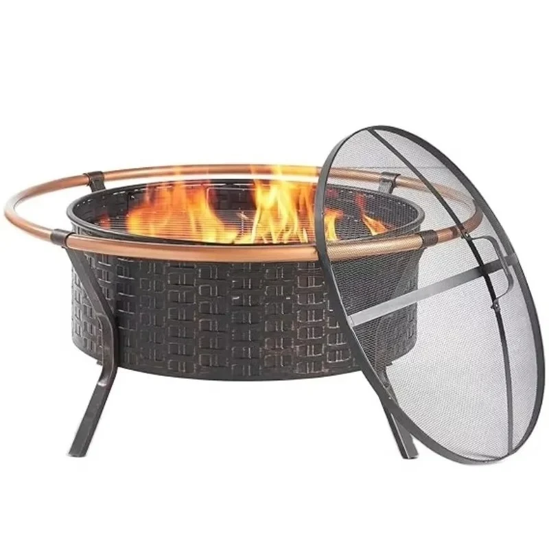 

Smokeless Steel Fire Pit Bowl Circle Grill Wood Burning Camping Outdoor Stove Removable Ash Pan Portable Cover Backyard Cooking