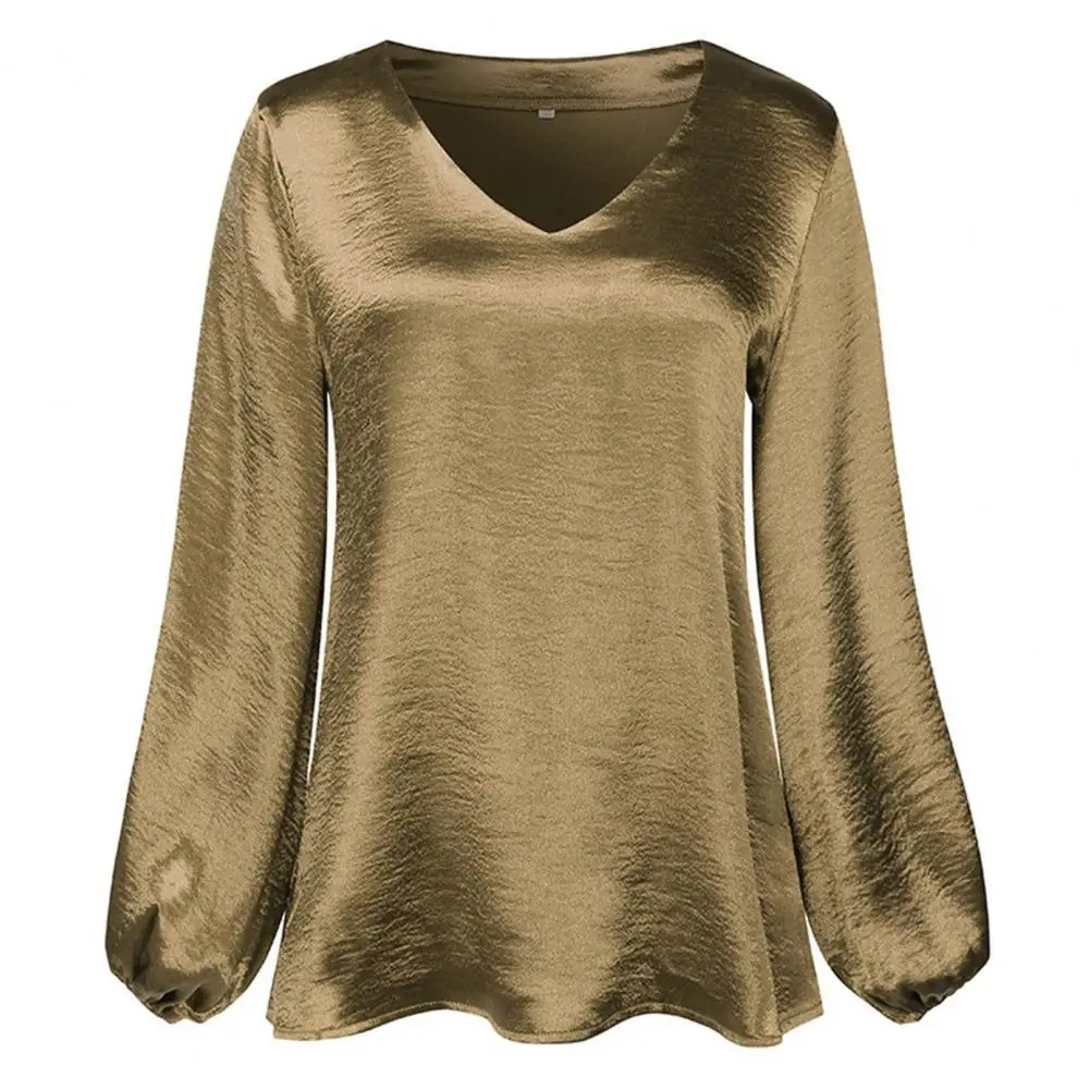 Solid Color Women Blouse Lantern Long Sleeve Simple Satin V-Neck Autumn Blouse Streetwear