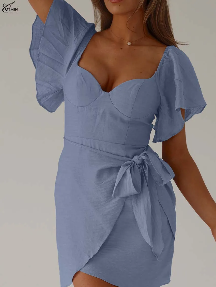 

Oymimi Elegant Blue V-Neck Dresses 2025 Woman Fashion Short Sleeve Open Back Slim Dresses Casual High Waist Lace-Up Mini Dress