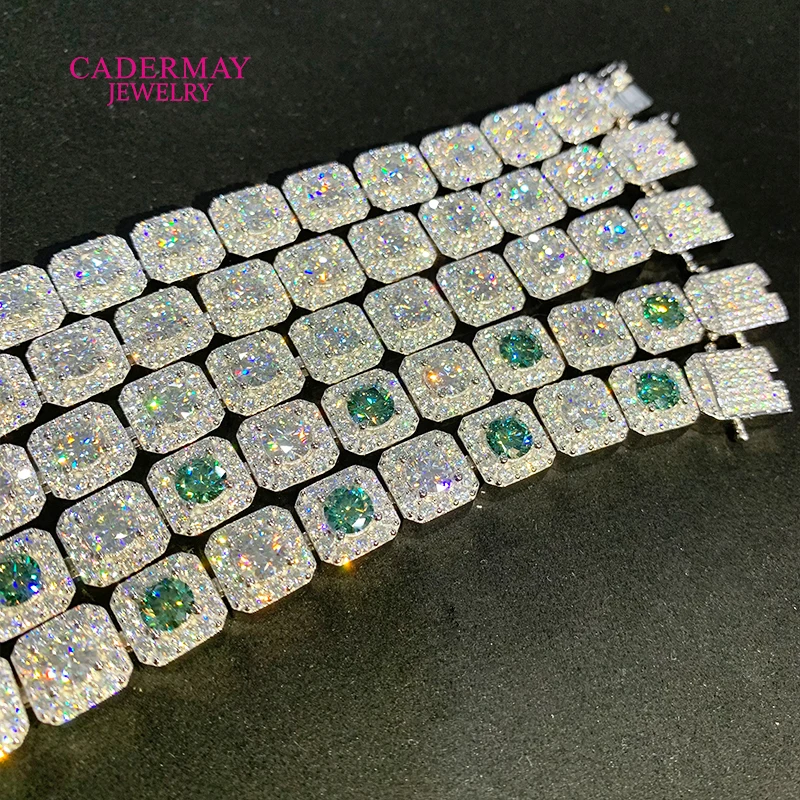 HipHop Jewelry 925silver 10mm Square Clustered Iced Out Green Mixed White Moissanite Bracelet Rock Candy Moissanite Tennis Chain