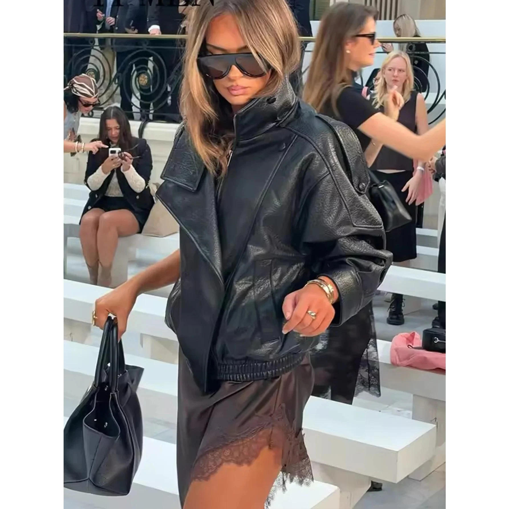 New Autumn Women's Motorcycle Sle ort PU Leather Jaet Long Sve Stand Collar Zipper Closure Regular Length Coat