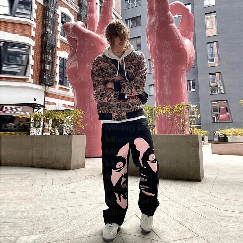 

Y2k high-waisted pants American retro pocket tooling straight-leg pants men street hip-hop loose Portrait print wide-leg pants