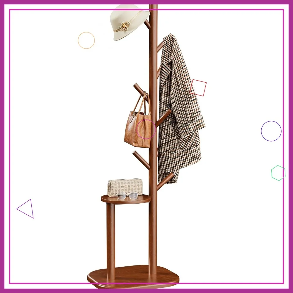 

Freestanding Coat Rack with 8 Hooks and Storage Shelf, Solid Wood Base, 66.3" Tall for Entryway, Bedroom, Living Room in Brown