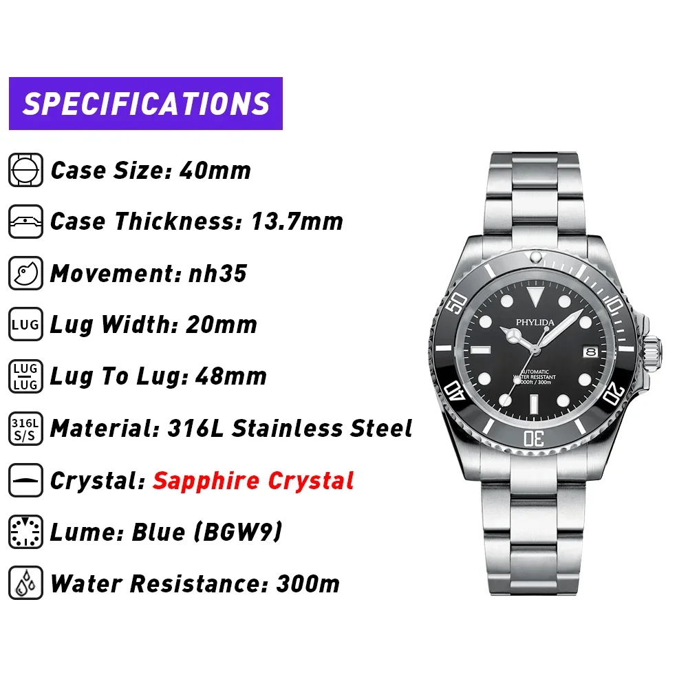 PHYLIDA 300M Resistente al agua 40 mm Reloj de buceo negro para hombre Movimiento automático nh35 Cristal de zafiro SUB